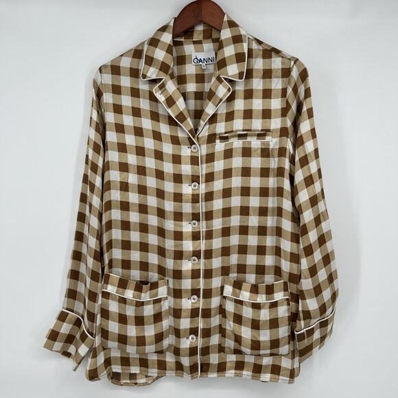 Ganni Silk Check Shirt Womens Size US 6 EU 36 Toffee Pajama Look Satin Oversized - Picture 1 of 9